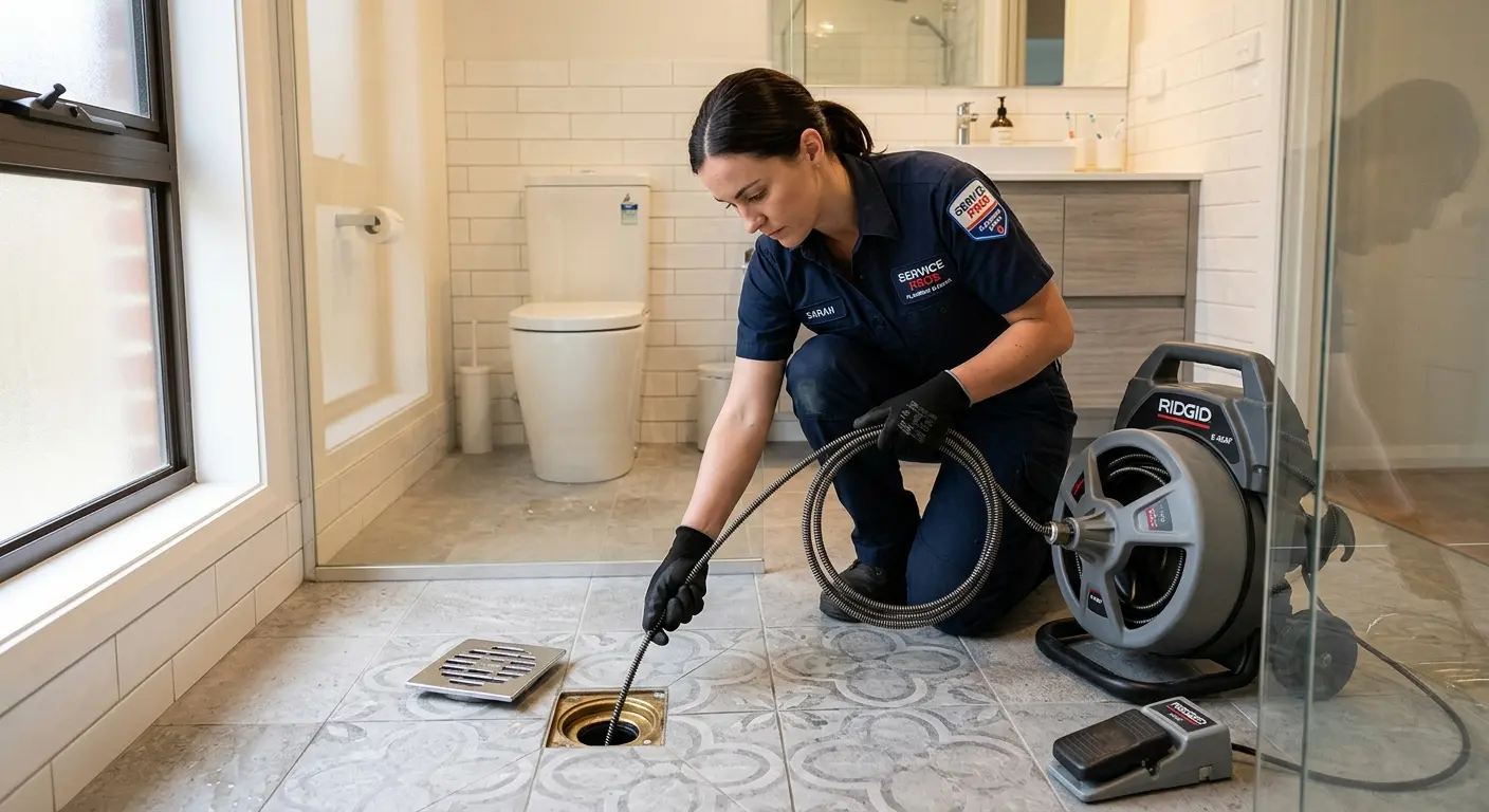 Technician clearing a bathroom floor drain for Hydro Jetting in Kingston